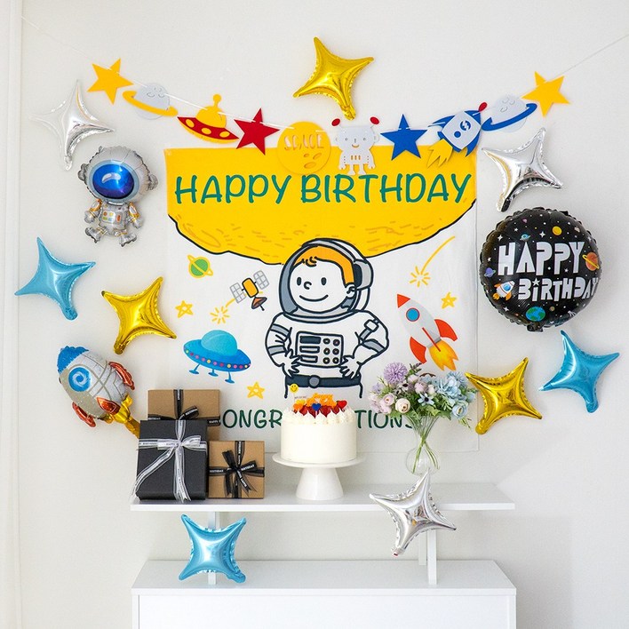 GAM 스페이스 우주소년 생일파티용품 세트 생일현수막 가랜드 호일풍선 전부 다 드리는 구성, 우주소년 생일파티, 1세트