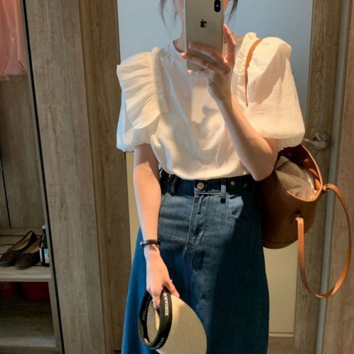 패피샵 여성 여름 퍼프소매 벌룬 반팔 니트 티셔츠