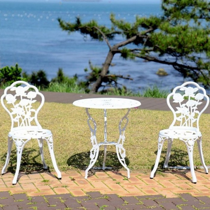 장미 주물 2인 세트 야외 의자 테이블 정원 알루미늄 철제, 화이트