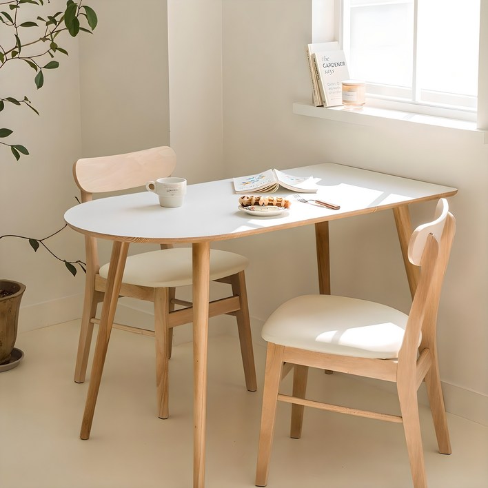 우드레이 소노 반타원 원목 테이블 600, 화이트  우드, 2인용