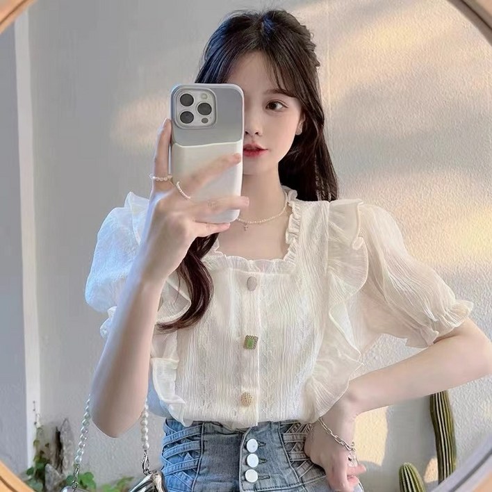 Chephie 퍼프 블라우스  프릴 스퀘어넥 반팔티