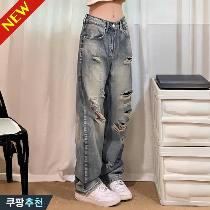 다리 길어보이는 80kg까지 빅사이즈 여성 빈티지 찢어진 힙합 일자 데님 팬츠 봄 가을 편한 트렌드 컷팅 포켓 디자인 롱 바지 블루 하이웨이스트 학생 와이드 캐주얼 청바지