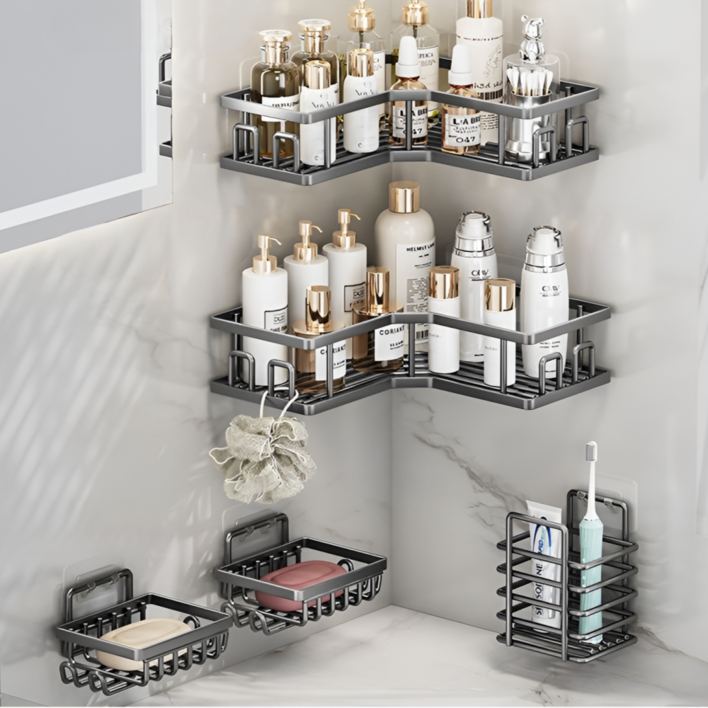 유앤아이 코너형 욕실선반 무타공 정리대, 5개 세트, 블랙