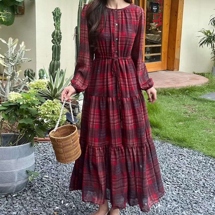 오나스타일 모카 체크 밴딩 롱 원피스