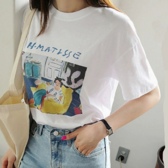 브로스 프린팅 도톰한 라운드넥 화이트 여성 반팔 티셔