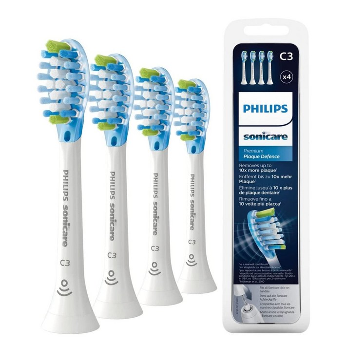 필립스 소닉케어 C3 프리미엄 플라그 디펜스 에센셜 소닉 칫솔 헤드 호환 칫솔 헤드, 4P, 2개, HX904417