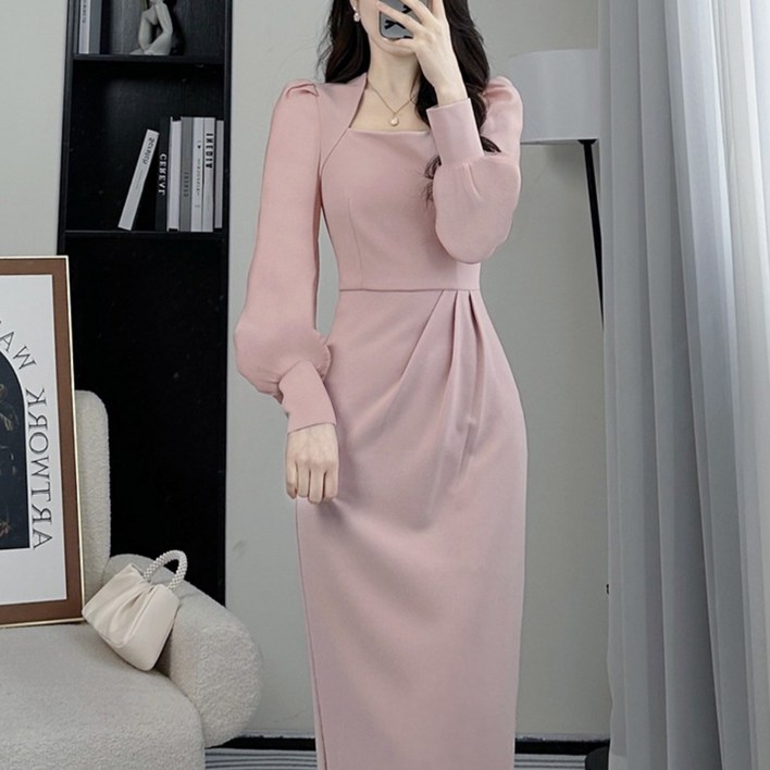 여성 봄가을 긴팔 프렌치 스퀘어넥 미디 원피스 공주 우아한 롱 슬림핏 캐주얼 드레스