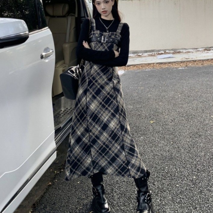미중 여성 봄가을 뉴 체크무늬 롱 트렌드 패션 기품 멜빵 원피스 cy