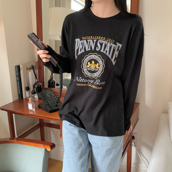 [#국내/자체제작] 면 100% 겟앤그로 여성 빅사이즈 오버핏 사계절 데일리 기본 라운드 프린트 레터링 긴팔 티셔츠