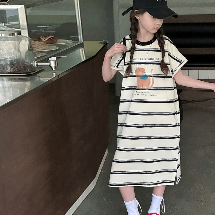 빠빠야네 키즈 주니어 여아 썸머냥 스트라이프 박시핏 롱원피스 여름