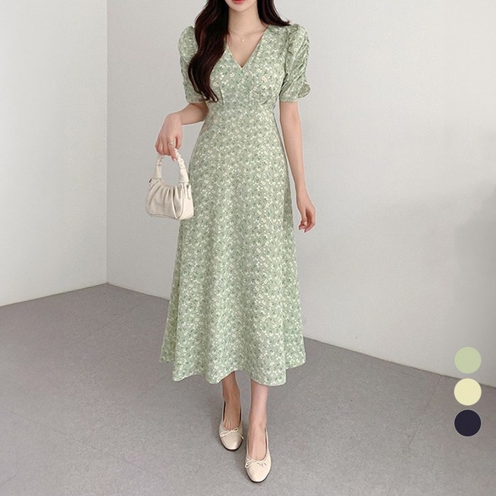 라라벨 여성용 원피스 브이넥 플라워 잔꽃 퍼프 소매 로맨틱 데일리 반팔 롱 원피스
