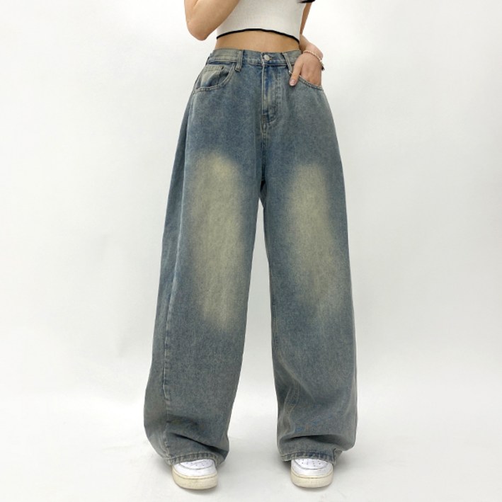 옆핀턱 (2단기장)루즈 벌룬 하체커버 빈티지 맥시 오버핏 와이드 데님 팬츠