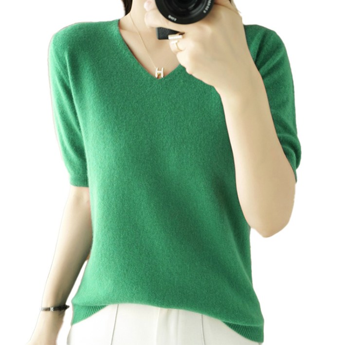 핑크셀럽 보들 브이넥 니트 반팔 티셔츠