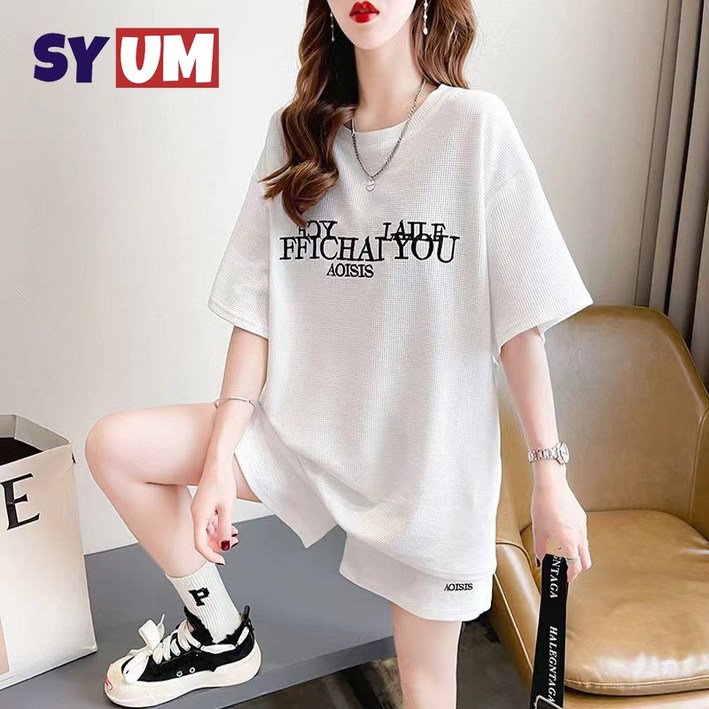 SYUM 여성 여름 트레이닝 투피스 세트 반팔 반바지 캐주얼 상하세트