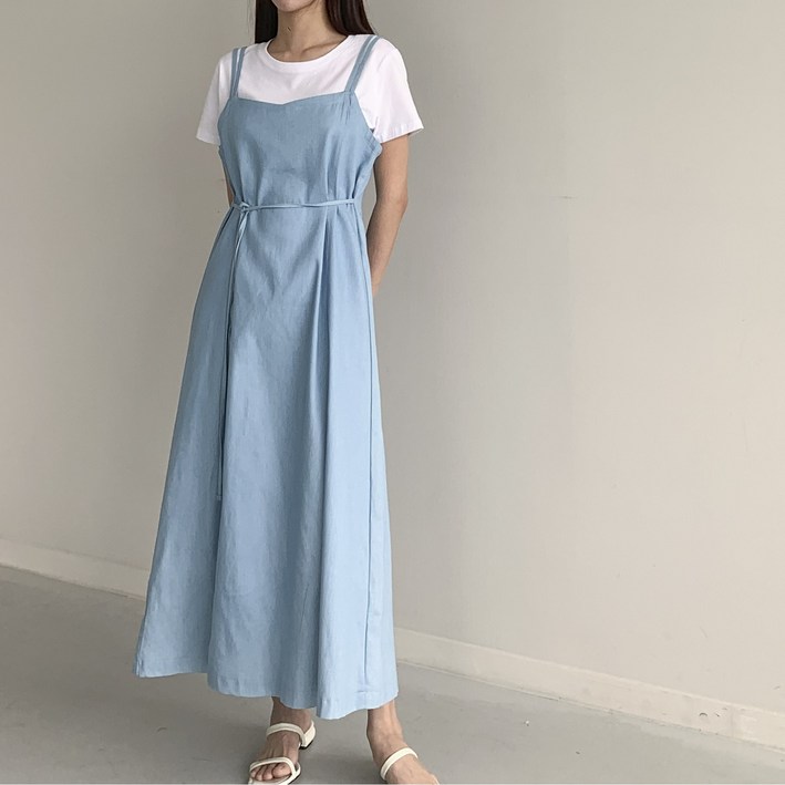 행복여 리리 두줄 끈 허리 끈 데님 청 멜빵 뷔스티에 원피스