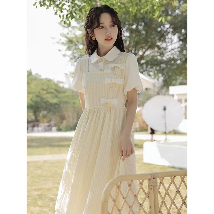 셀럽당 여성 주니어용 셔링 반팔 원피스 중학생 학원풍 리본 원피스 Y01652