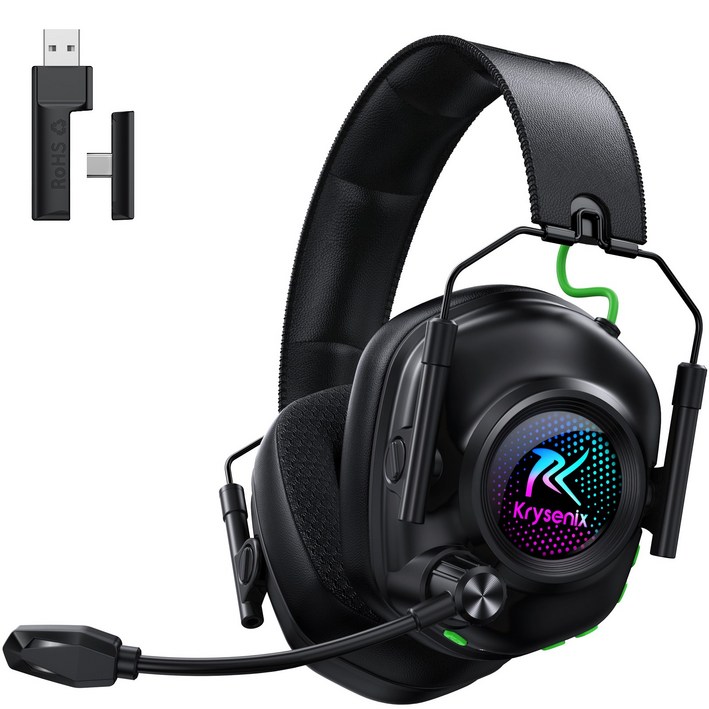 Krysenix 무선 게이밍 헤드셋 초경량 가상 7.1채널 블루투스 6.0 노이즈캔슬링 RGB 서라운드 사운드, 블랙, KGH2