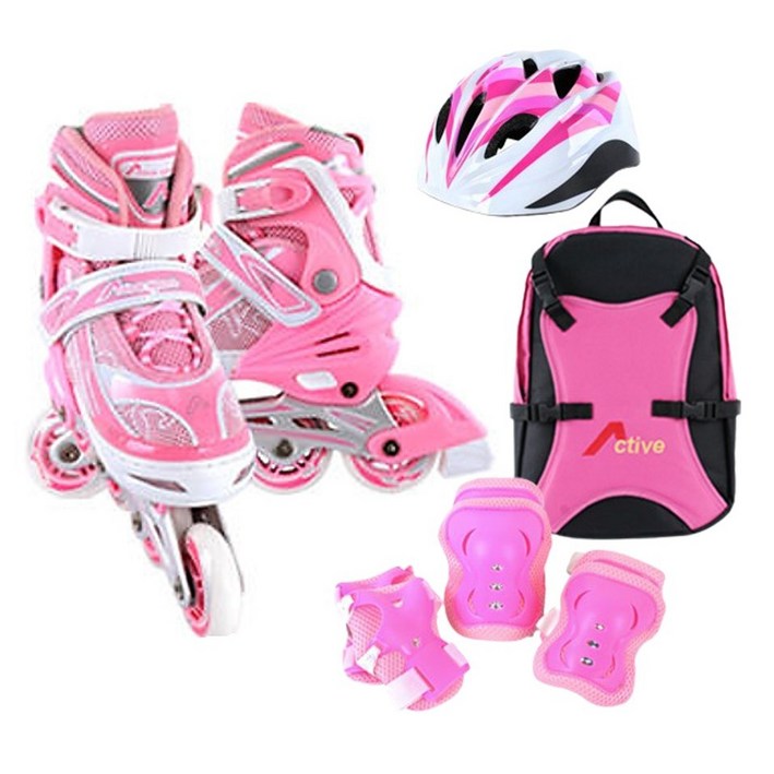 인라인세트 사이즈 조절형 아동용 발광바퀴 인라인 스케이트헬멧보호대가방, 스마트 핑크