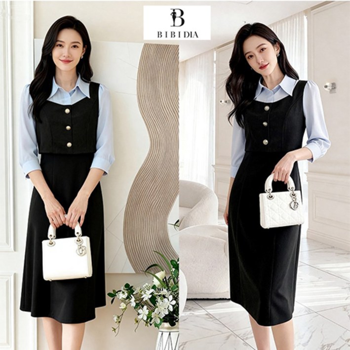 비비디아 여성 셔츠 배색 레이어드 원피스 고급 슬림핏 하객룩 오피스룩 미디 기장 S2XL 5597
