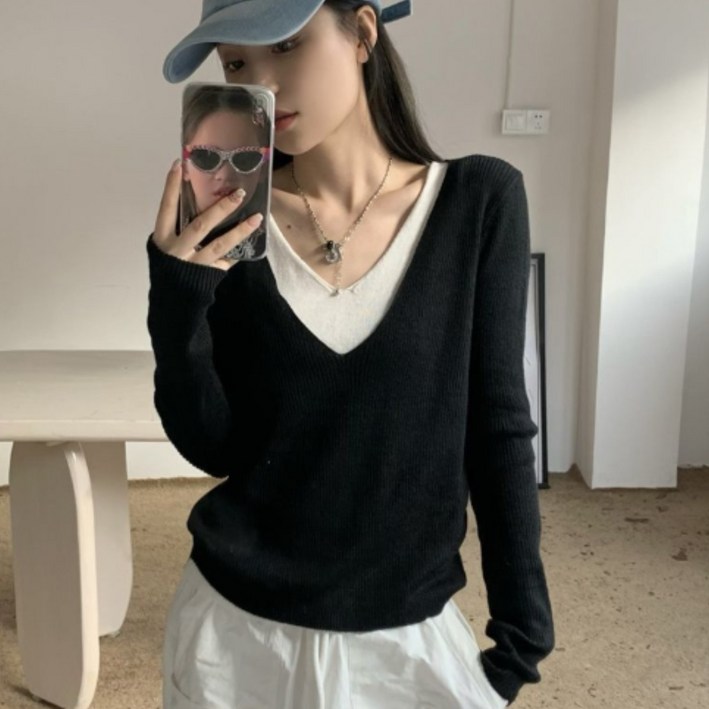 COSYEVNO  여성 브이넥 니트 스웨터 긴팔 슬림핏 봄가을 캐주얼 TZKbkzzs-4