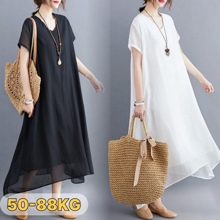 UNIQUEZON 중년여성 편안한 쉬폰 반팔 원피스 오버핏 빅사이즈 봄 여름 40대50대60대
