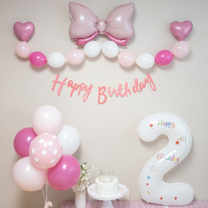 연지마켓 생일풍선 생일파티용품 리본풍선 숫자세트, 핑크리본 화이트세트 2