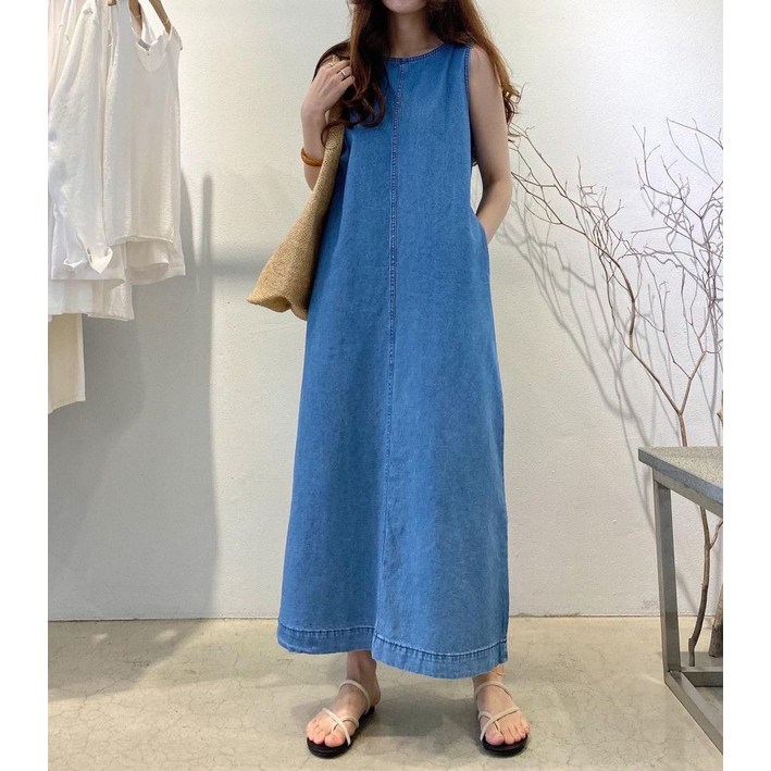 민소매 데님 절개  나시 청 원피스