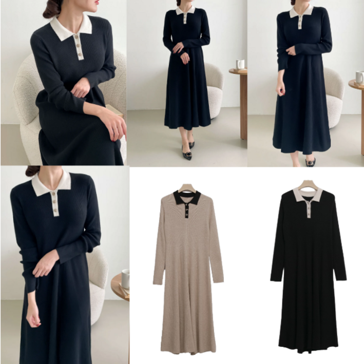 LionHu 여성 금장단추 배색카라 슬림핏 골지 니트 민무늬 롱원피스 LH2008