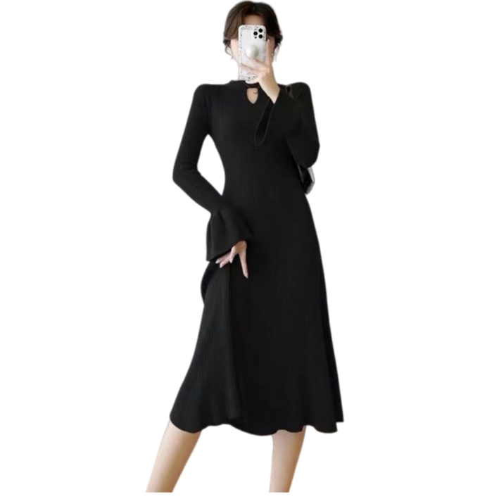 Makone 여성 반폴라 슬림핏 플레어 소매 A라인 빈티지 롱 니트원피스