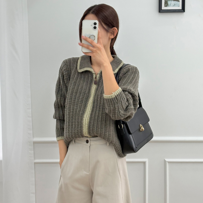 러브앤핏 여성 로로 배색 카라 울 니트 집업 (4color)