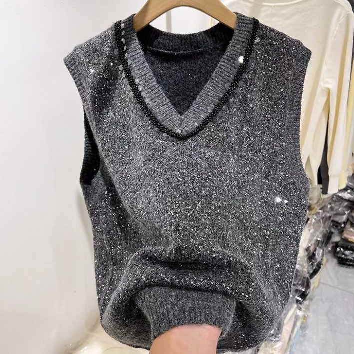 PEROLA 여성 브이넥 니트 조끼 블링블링 스팽글 민소매 니트 베스트