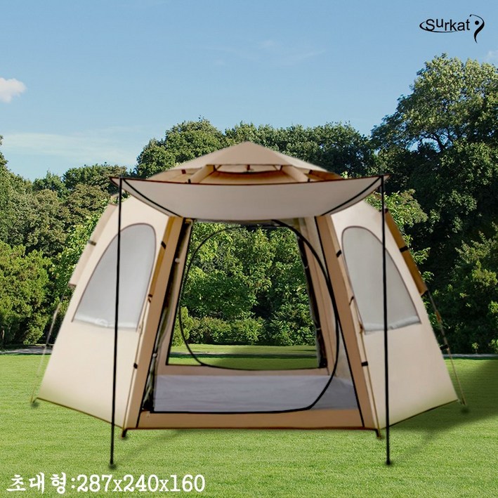 Surkat 원터치 육각 대공간 가족 텐트 대형 육각 돔텐트 자동 캠핑그늘막텐트