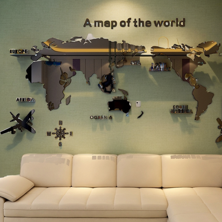 아크릴 세계지도 월 스티커 카페 교회 사무실 거실 방 벽면 인테리어, 블랙