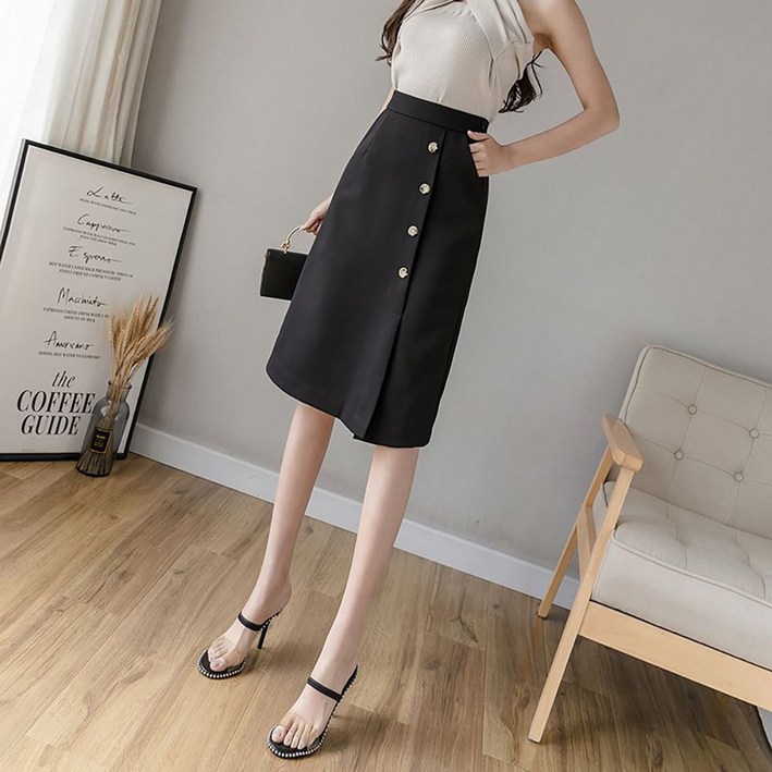 ROYALBELLE 여성 미디 버튼 디테일 A라인 정장 스커트 슬림핏 스타일 세련된 오피스룩 데일리 디자인 A0082311