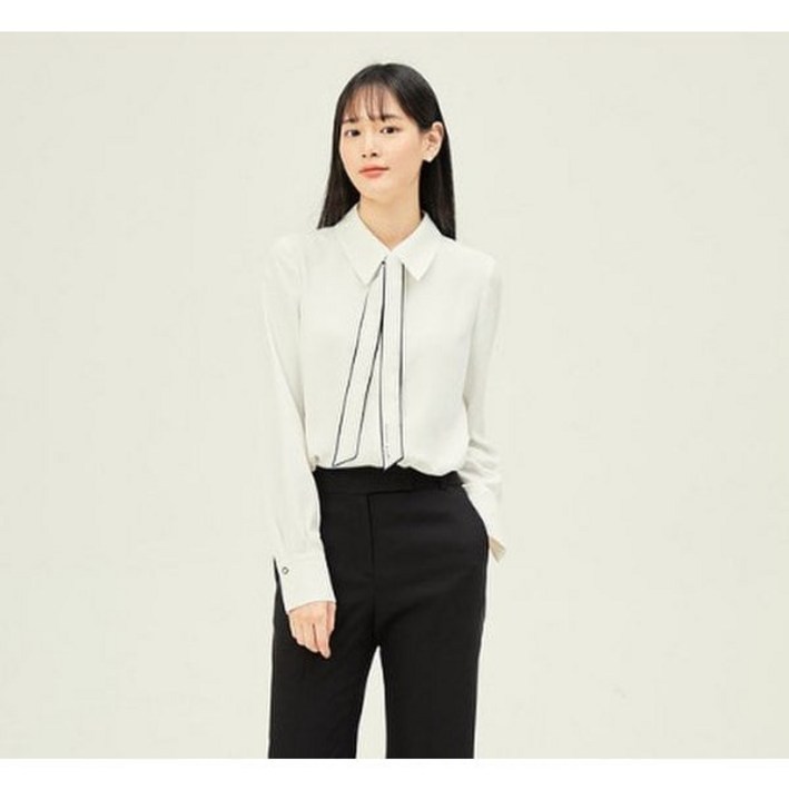 JJ지고트 배색 타이 히든 버튼 블라우스 GP9M0BL901