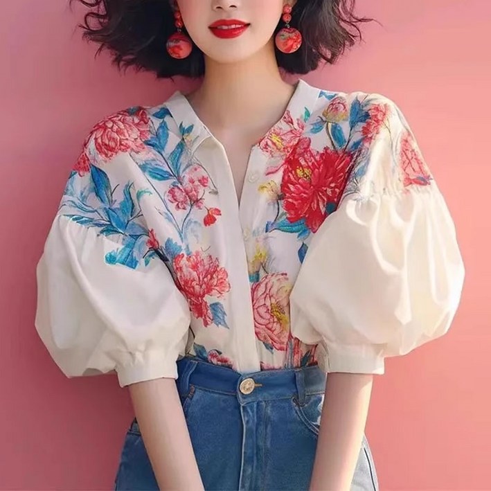 AB914 플라워 벌룬소매 블라우스