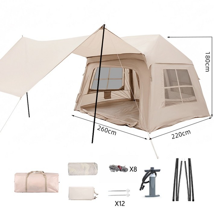 Sonuto 소누토 감성 에어텐트 4-8인용 일체형 타프 탈부착, 넓은 개방감 차박 대형 글램핑 면혼방 텐트, 카키색 옷감, 260x220x180cm