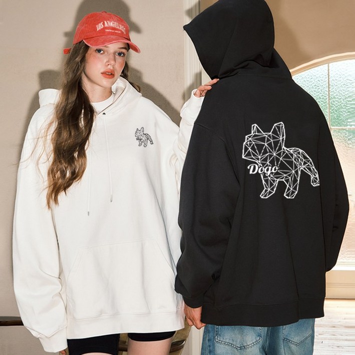 FONOW 남녀공용 귀여운 DOGO 불독 캐릭터 프린팅 커플룩 스탠다드핏 후드티