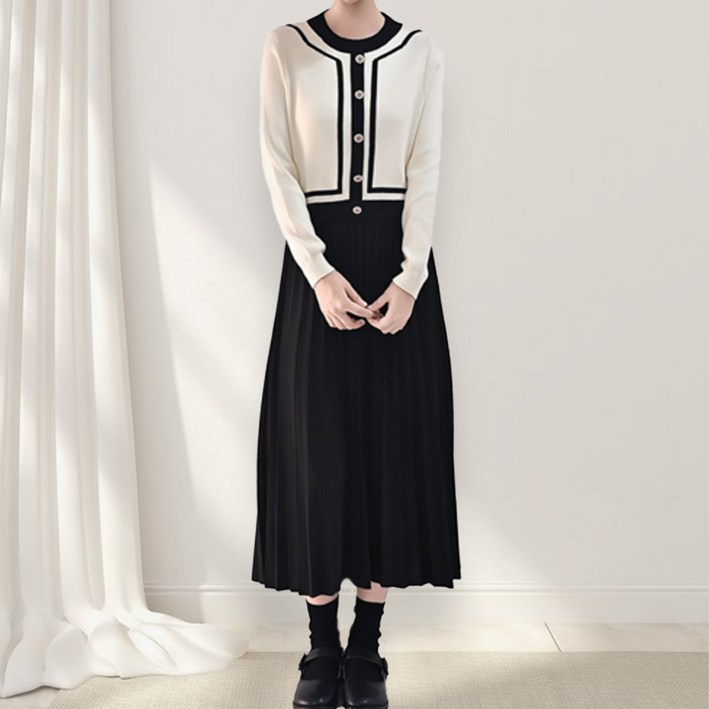 클레이스 니트 배색 플리츠 롱원피스