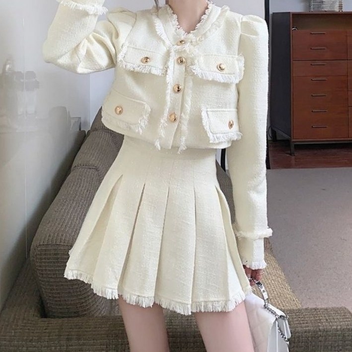 트위드 자켓 미니스커트 투피스 여성 데일리 하객룩