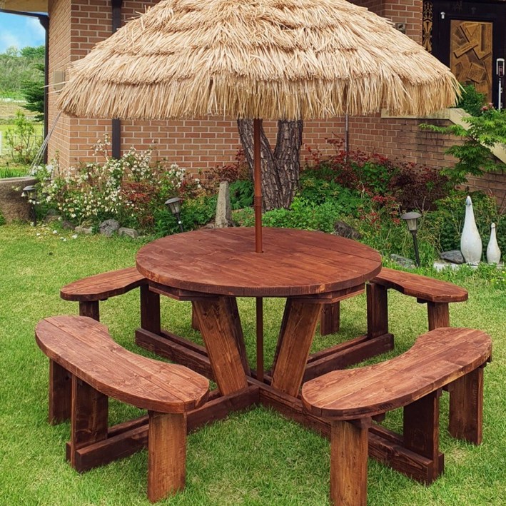 미엔우드 야외용 원형 원목 테이블+파라솔 세트 야외 카페 정원 일체형 월넛색