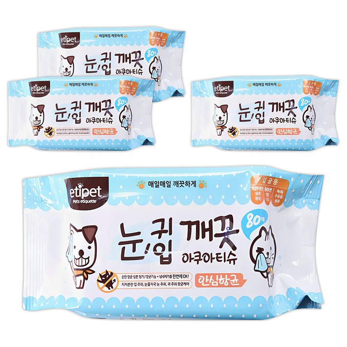 에티펫 반려동물용 눈귀입 깨끗 아쿠아티슈 80p, 300g, 4개 에티펫 반려동물용 눈귀입 깨끗 아쿠아티슈 80p, 300g, 4개