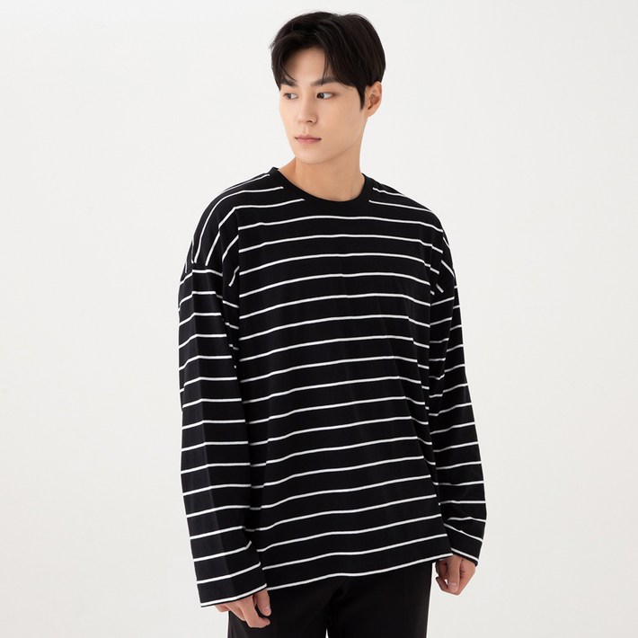 캐럿 남성용 오버핏 스트라이프 긴소매 티셔츠 캐럿 남성용 오버핏 스트라이프 긴소매 티셔츠