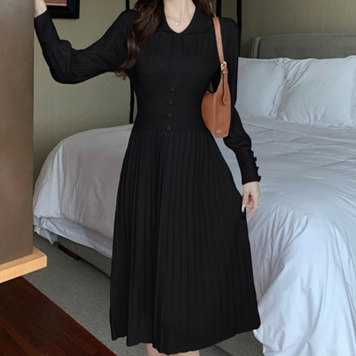 비비에모 슬림핏 카라 소매 버튼 긴팔 플리츠 원피스 01817