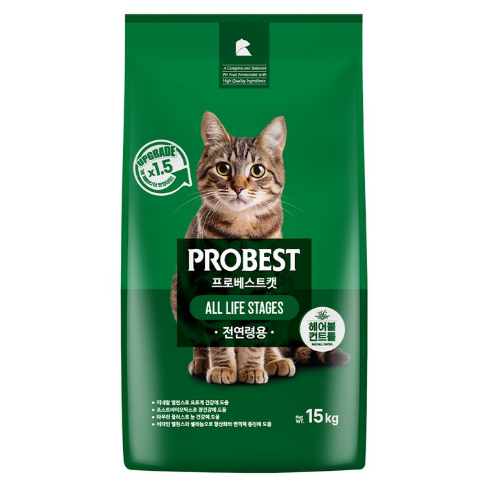 프로베스트 고양이 그린 전연령 기능성 사료, 헤어볼장건강, 15kg, 1개