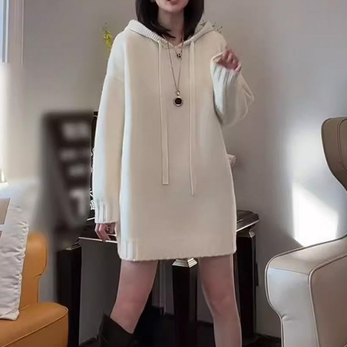 메이첼 캐주얼 후드넥 롱 스트링 스웨터 두툼 미니 원피스 04083
