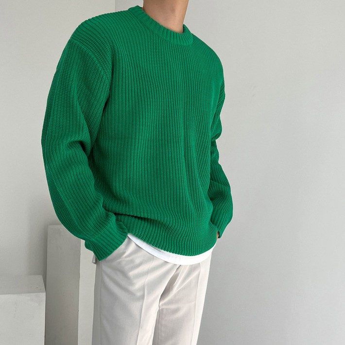 남성용 헤비 오버핏 크로플 라운드 무지 긴팔 니트