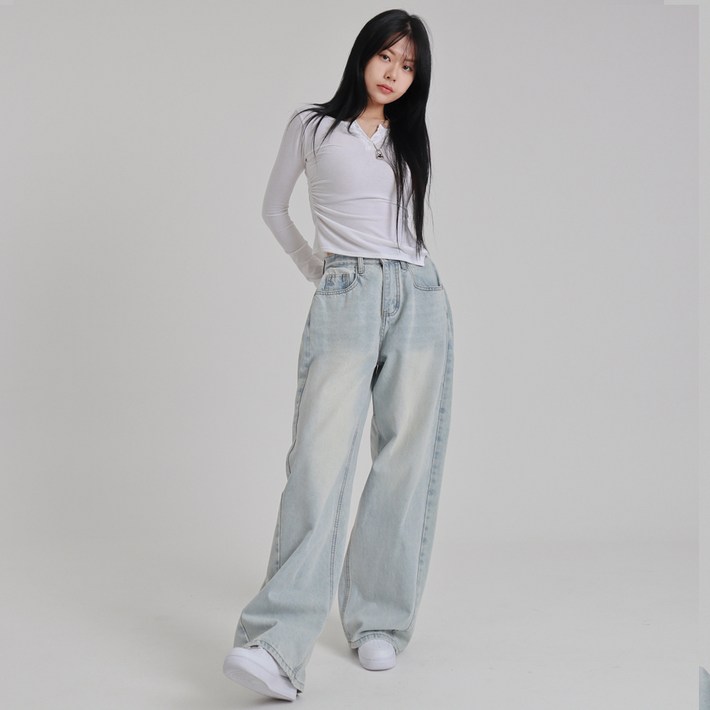 힙앤핏 여성용 숏기장 사이드 핀턱 폴딩 와이드 청바지 HF2681