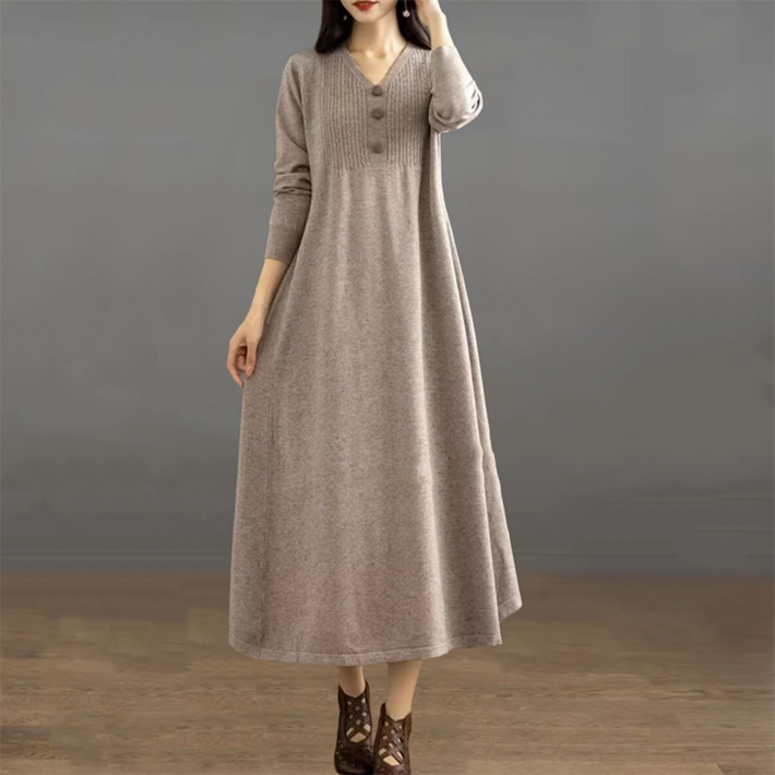 ORZQU 여성 가을 겨울 브이넥 슬림핏 롱 무릎 도톰 니트 원피스