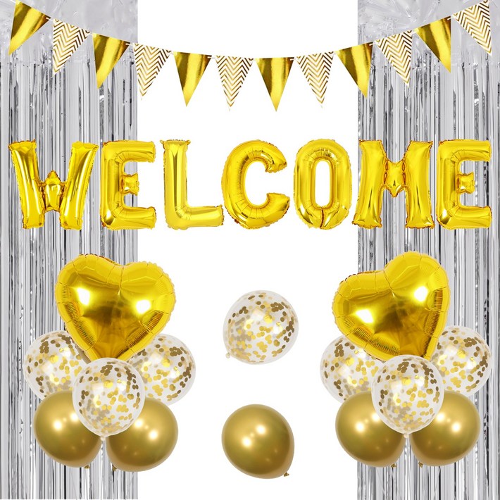 환영 파티 장식, 황금색 환영 풍선 배너 세트, 홈 가족 환영 파티 용품용 황금색 하트 모양 풍선, 황금색, 1set